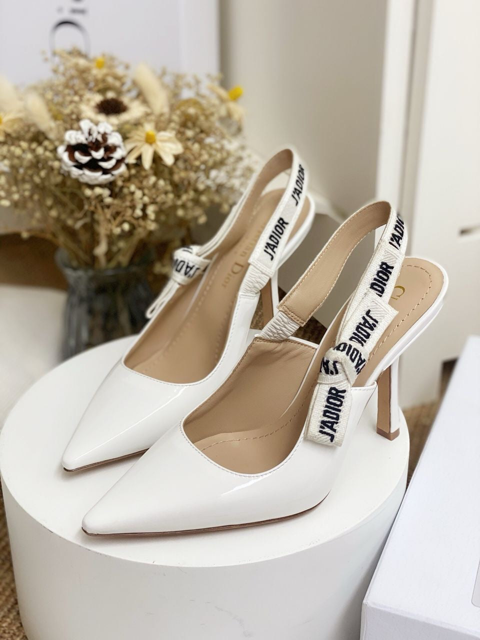 Glossy White Slingback Heels with White Strap