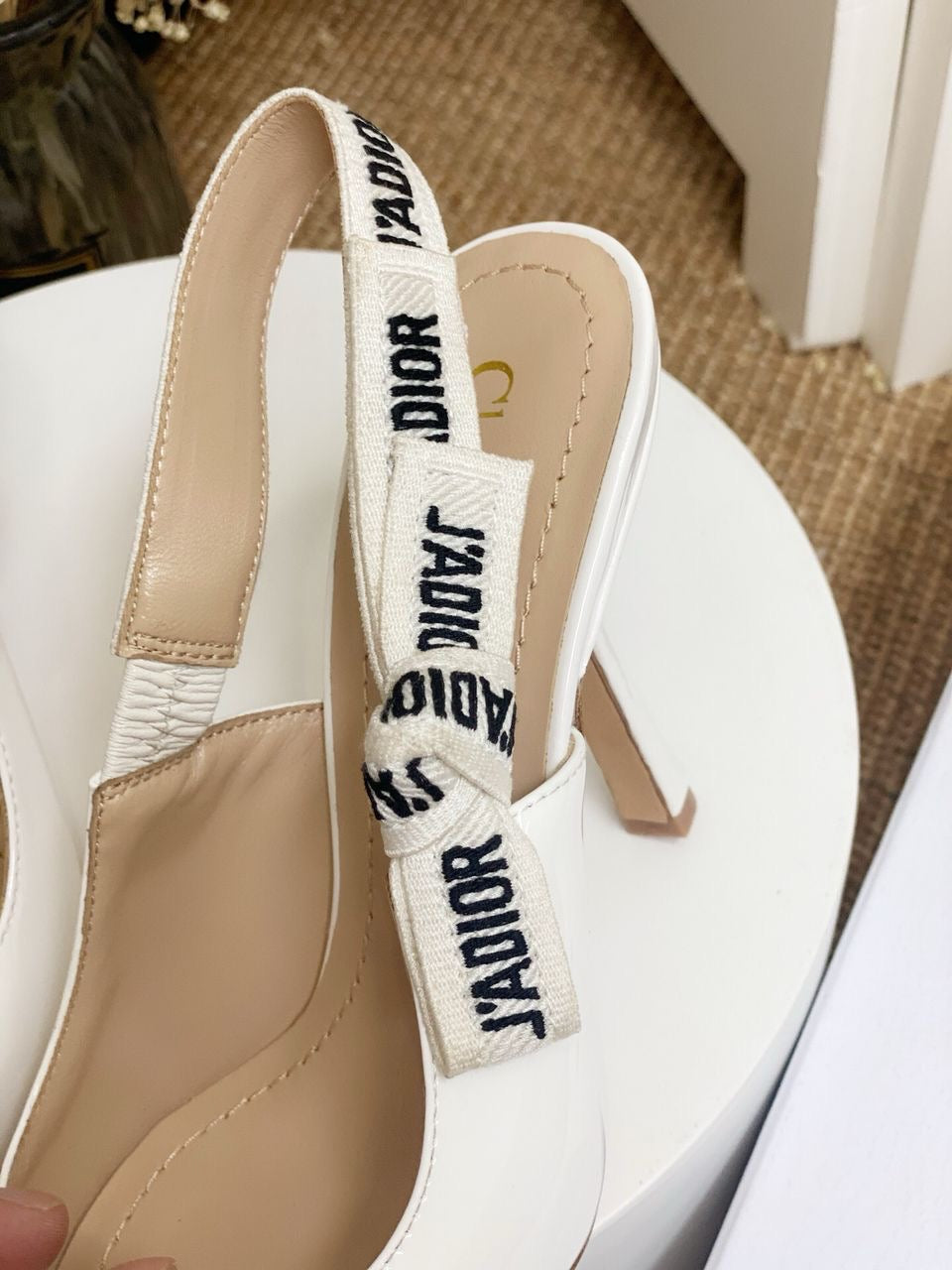 Glossy White Slingback Heels with White Strap