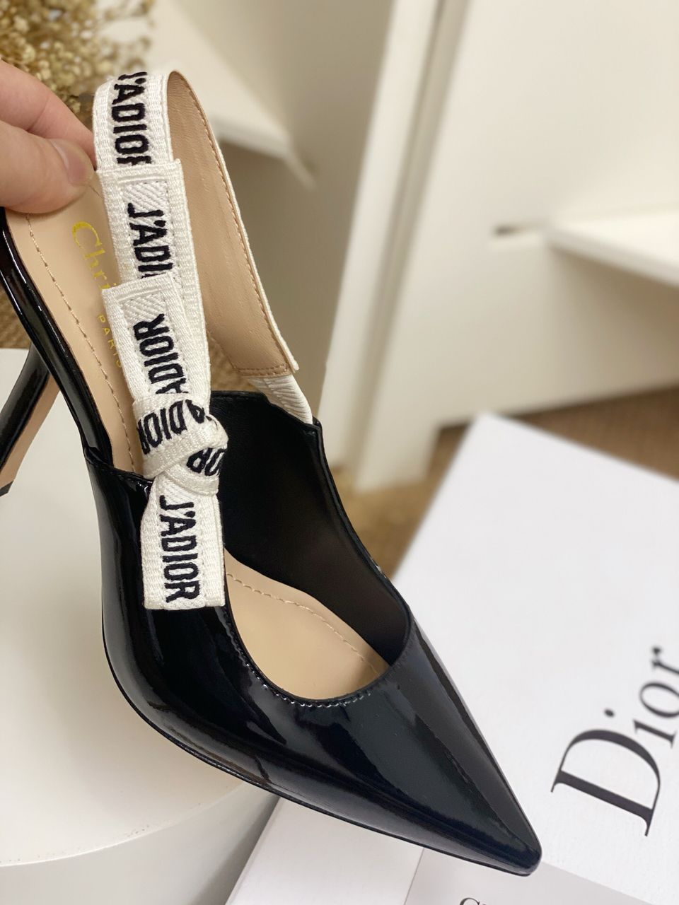 Glossy Black Slingback Heels with White Strap