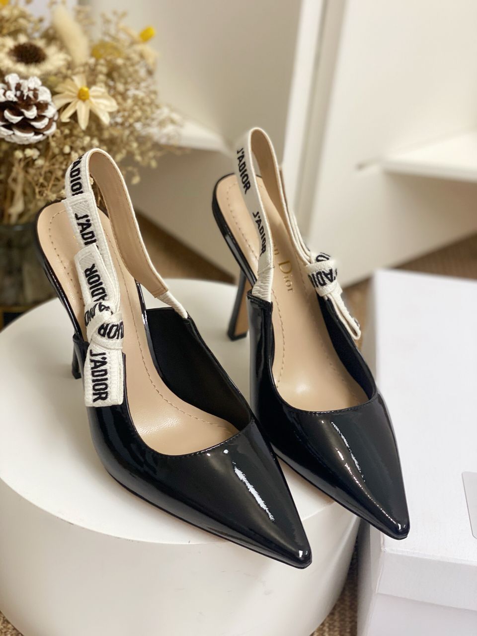 Glossy Black Slingback Heels with White Strap