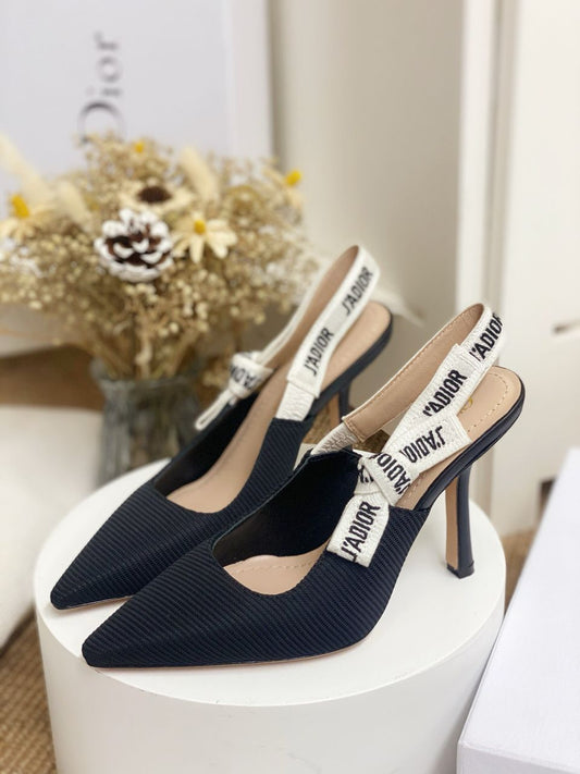 Patent Black Slingback Heels with White Strap