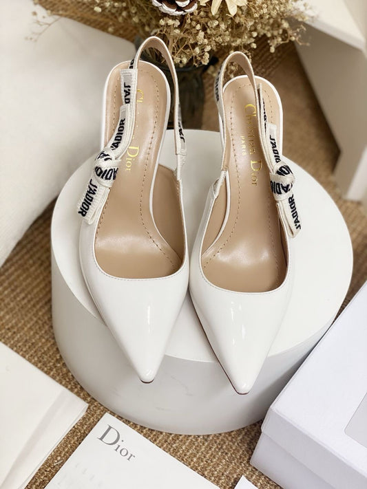 Glossy White Slingback Heels with White Strap