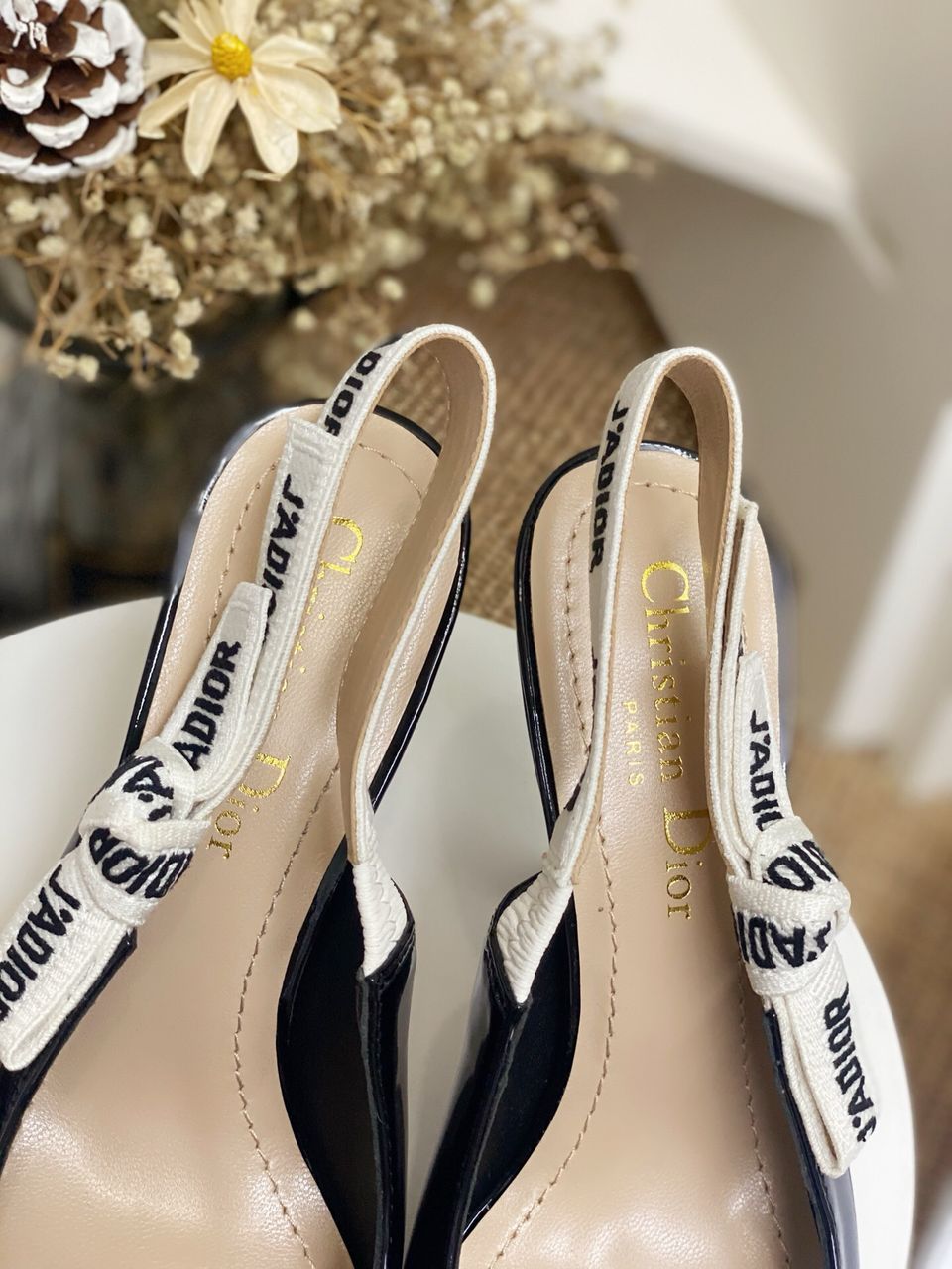 Glossy Black Slingback Heels with White Strap