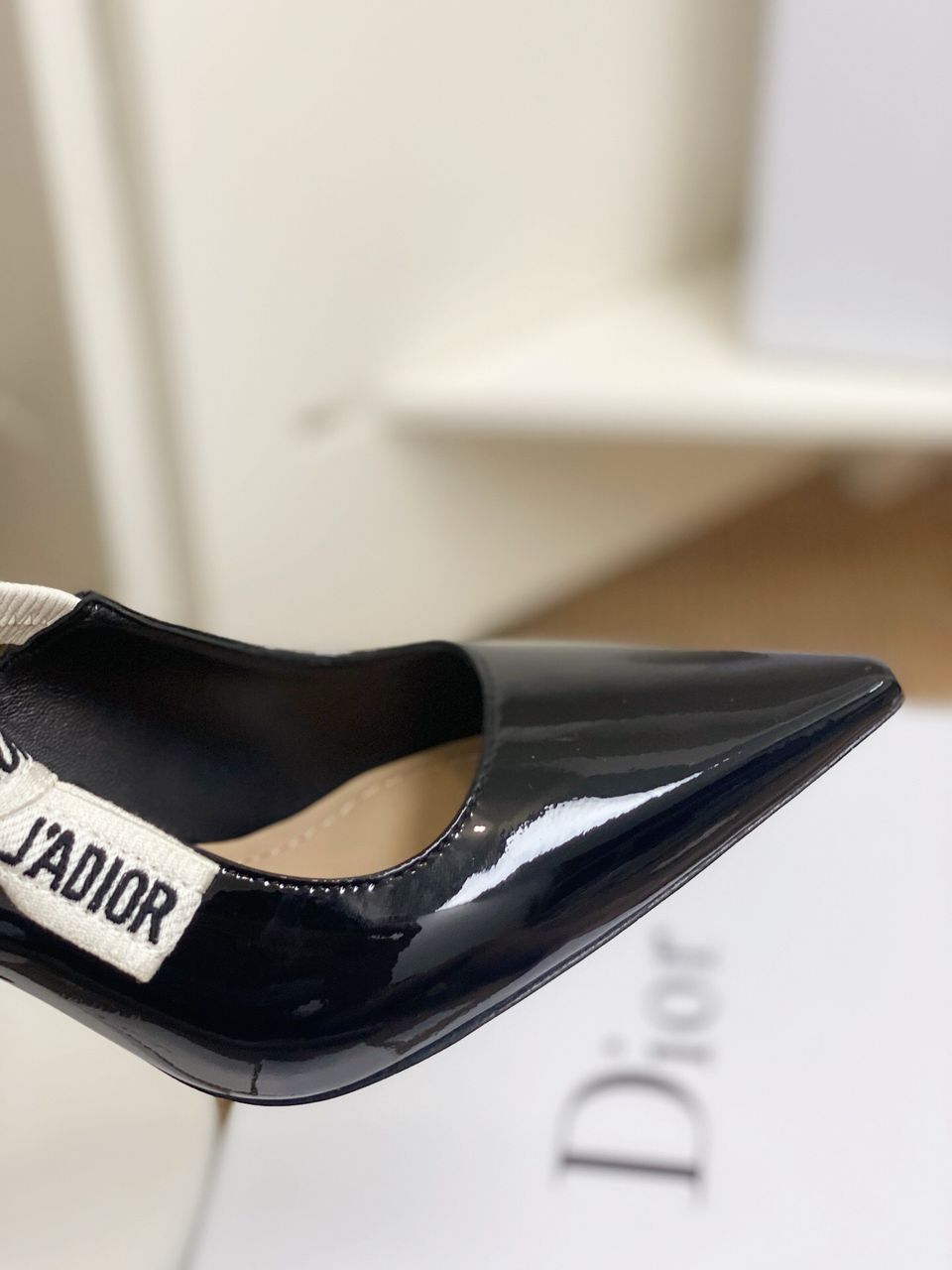 Glossy Black Slingback Heels with White Strap