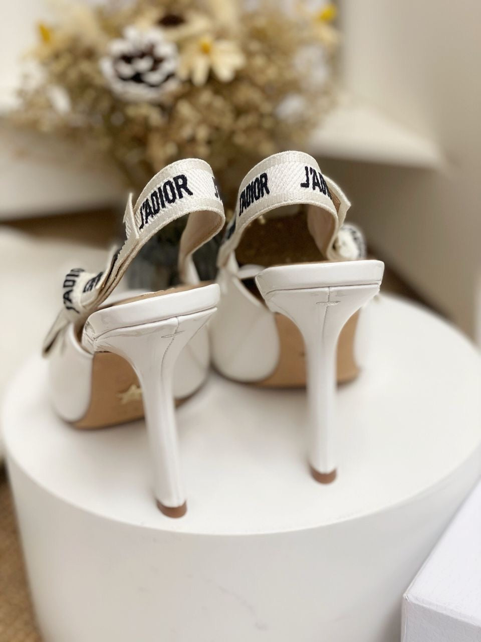 Glossy White Slingback Heels with White Strap