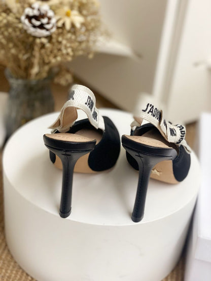 Patent Black Slingback Heels with White Strap