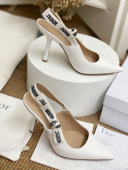 Glossy White Slingback Heels with White Strap