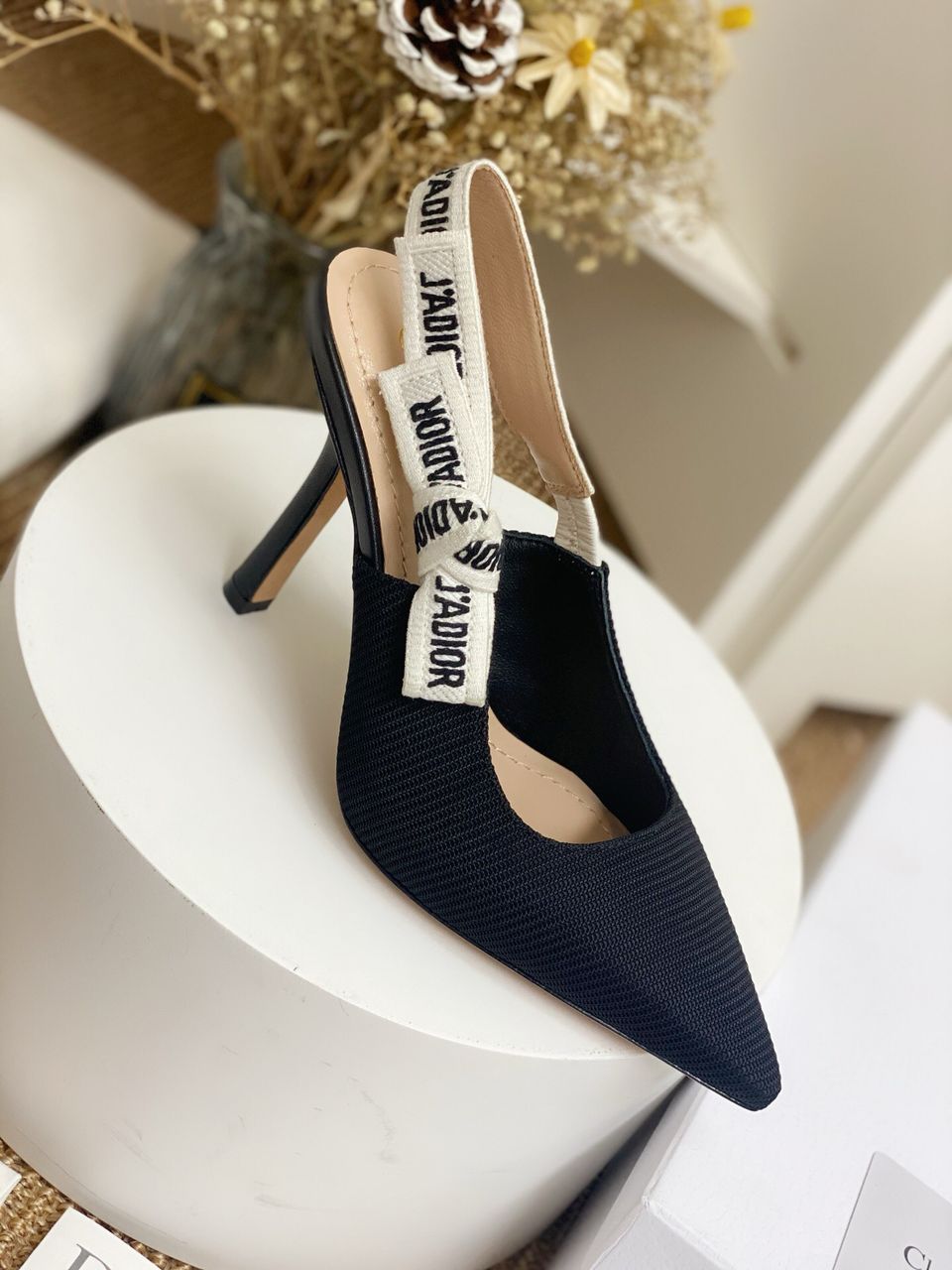 Patent Black Slingback Heels with White Strap