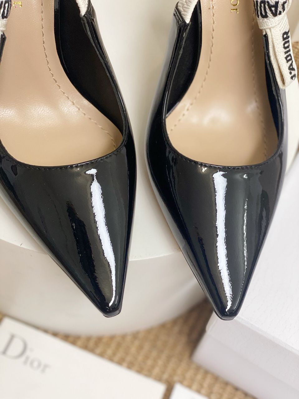 Glossy Black Slingback Heels with White Strap