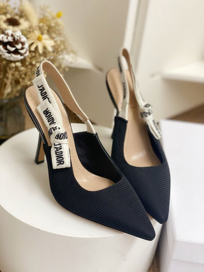 Patent Black Slingback Heels with White Strap