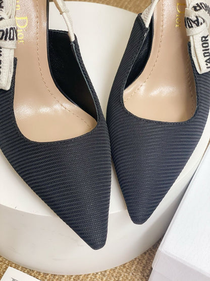 Patent Black Slingback Heels with White Strap