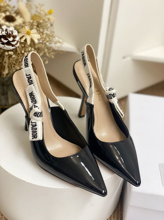 Glossy Black Slingback Heels with White Strap