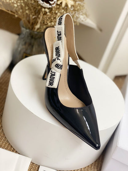 Glossy Black Slingback Heels with White Strap