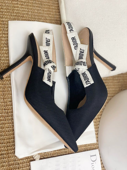 Patent Black Slingback Heels with White Strap