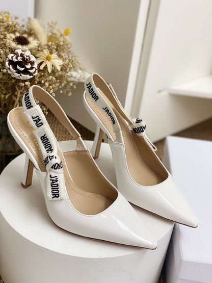 Glossy White Slingback Heels with White Strap